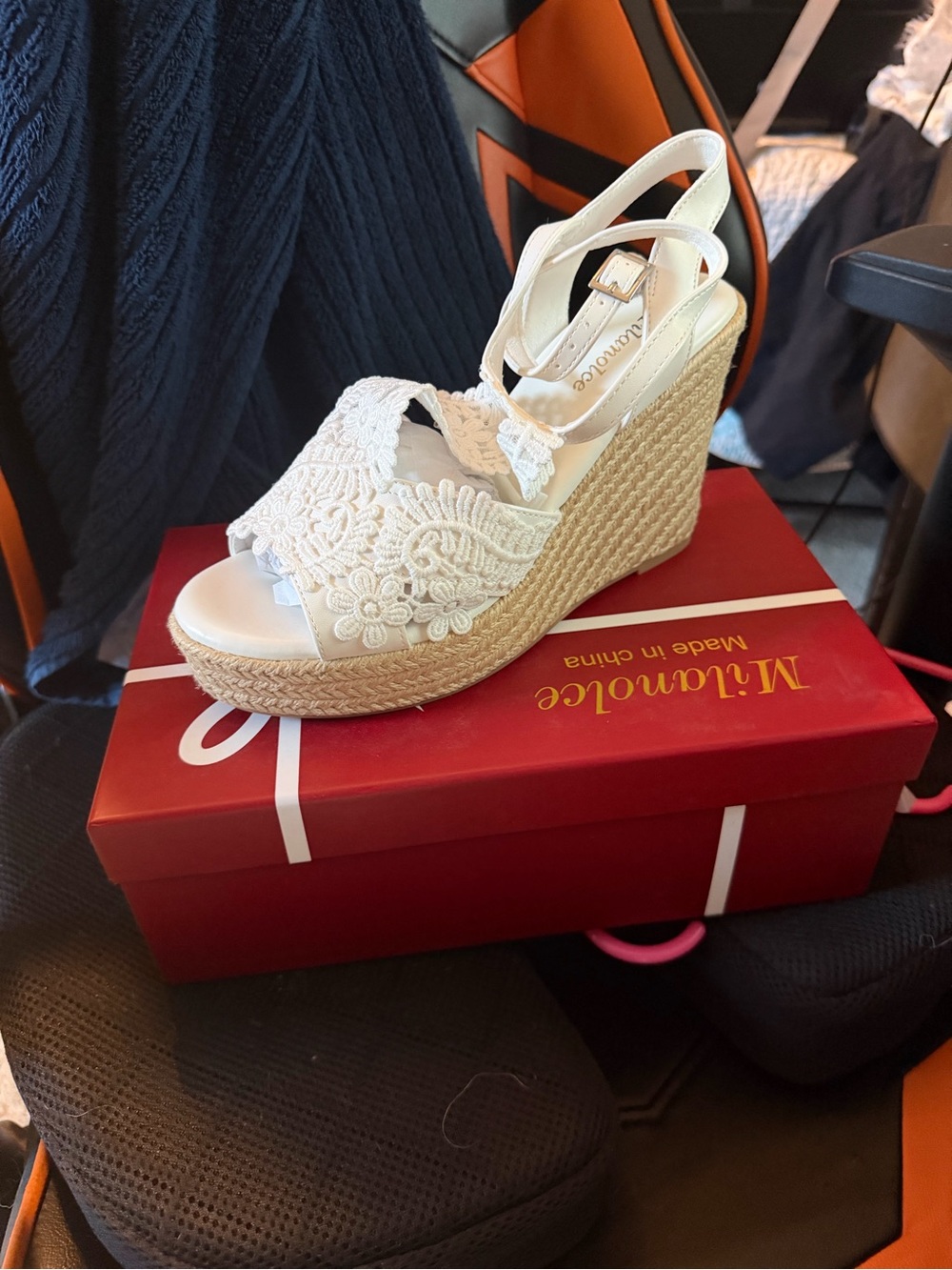 White Lace Espadrille Wedge Sandals